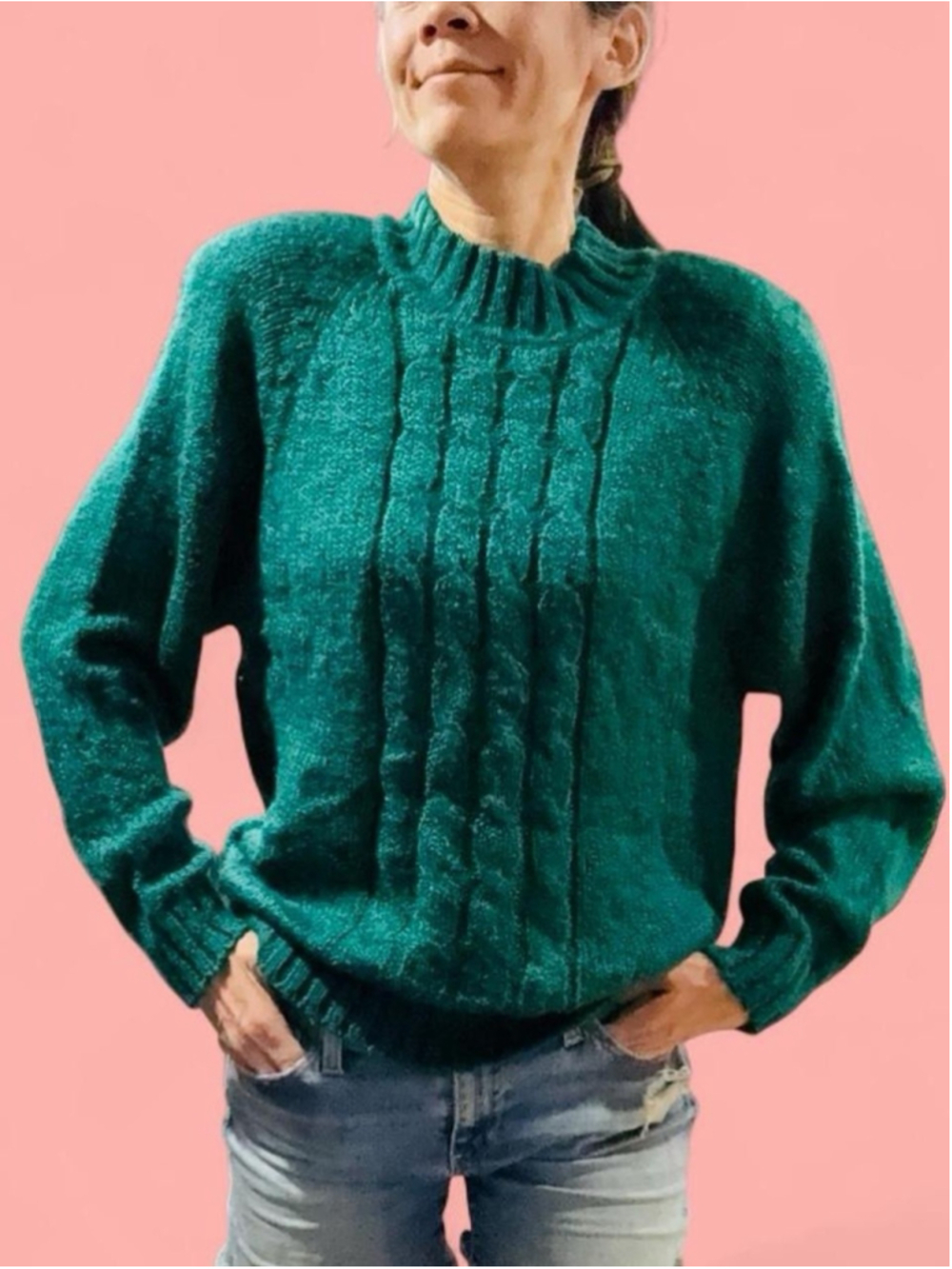 Vintage 80s 90s JJT Sport Green Cable Knit Sweater Medium Shoulder Pads